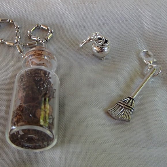 Blood Root Witch 3D Cauldron Broom Glass Bottle Necklace Zip Pulls Handcrafted - Picture 3 of 14